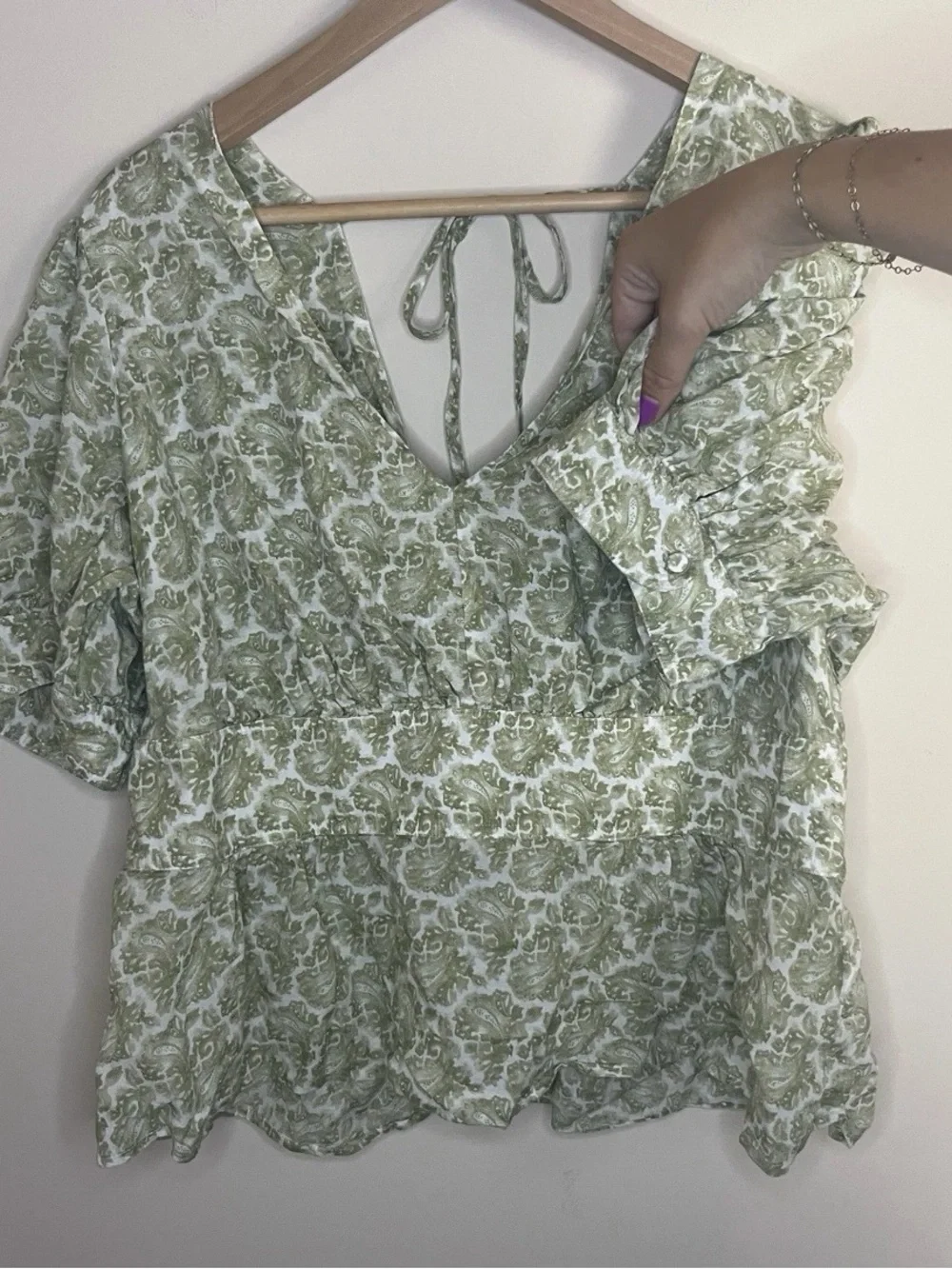 J.Crew V-neck puff-sleeve top in ornate paisley Green White Tie Back Women’s 16
